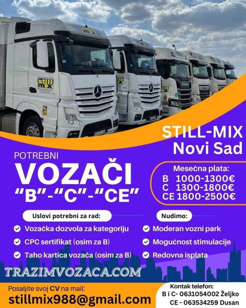 oglas za posao vozaca B kategorije Novi Sad