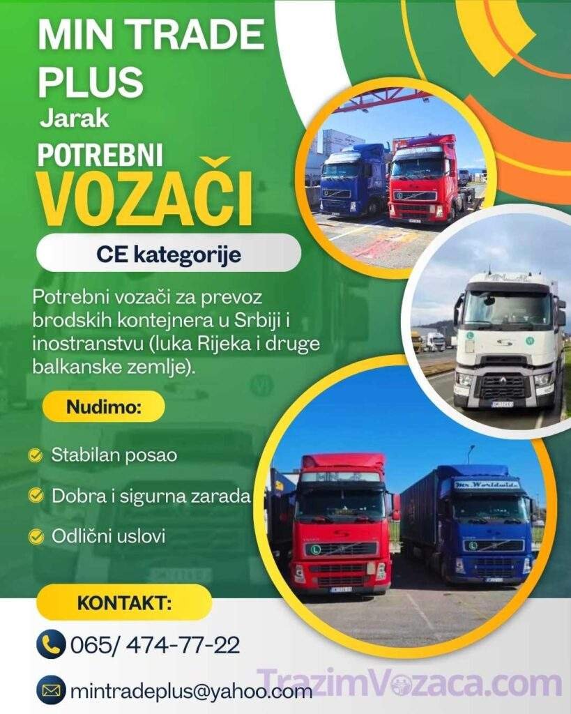 oglas za posao vozača CE kategorije u Jarku