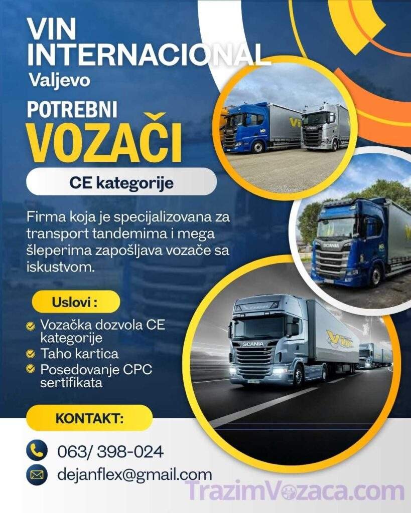oglas za posao vozača ce kategorije u valjevu vin internacional